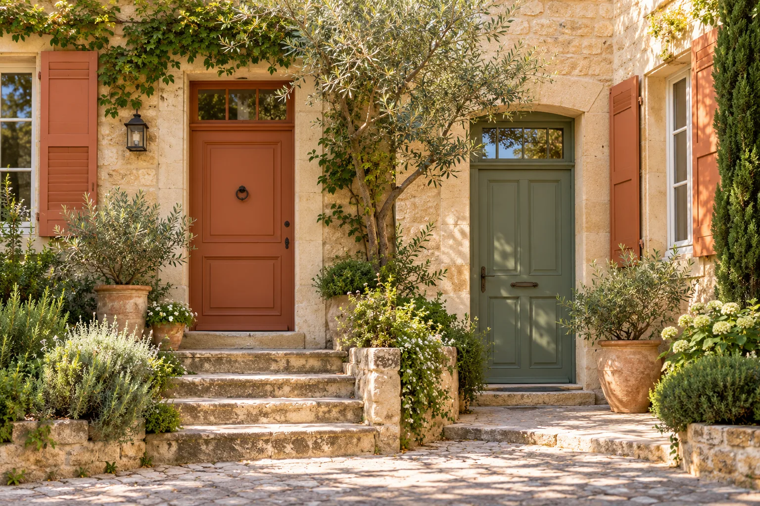 Entrées de maisons en pierre aux portes terracotta et sauge, illustration immobilière